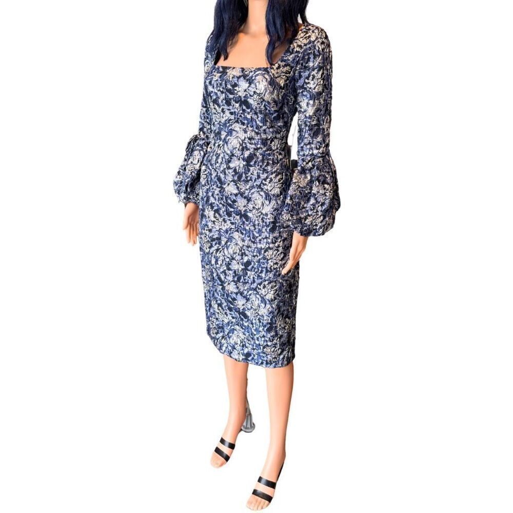 NWT Theia Brocade Dress 4 Navy Square Puff Sleeve Midi Wedding Guest Cocktail - Picture 6 of 9